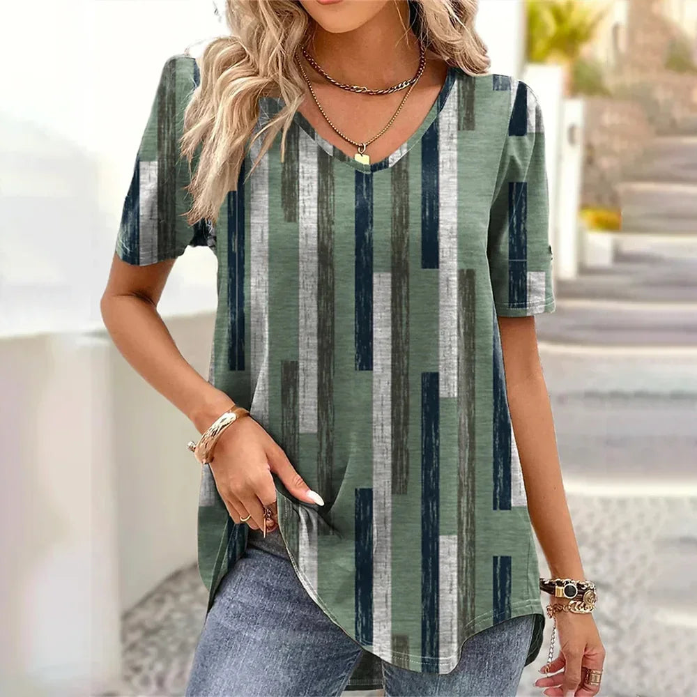 Women's 3D Flower Print V-Neck T-Shirt – Kawaii Oversized Summer Top & Blouse