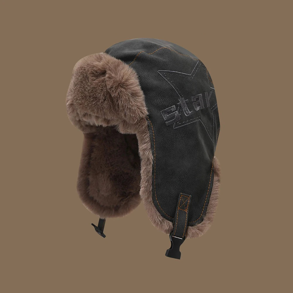 Faux Leather Trapper Hat with Plush Lining and Ear Flaps