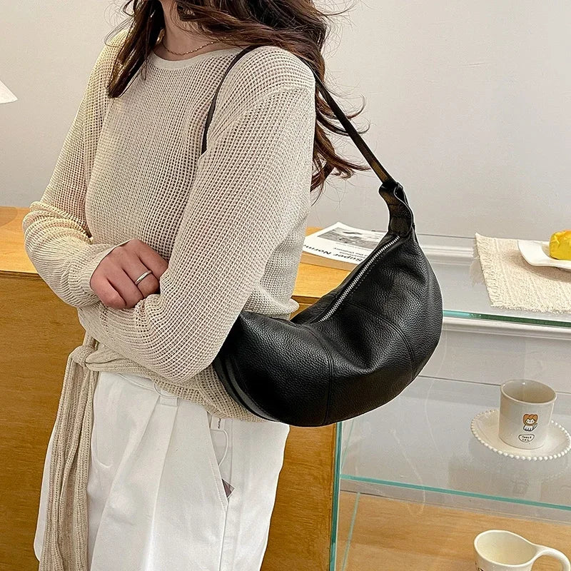 Badiman Genuine Cowhide Half-Moon Underarm Bag – Large Capacity Shoulder Crossbody Tote for Women
