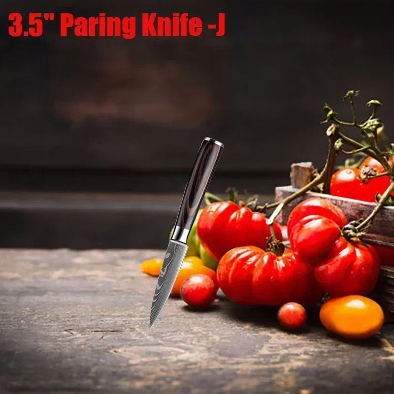 Damascus Kitchen Knife Set — Japanese Santoku, Cleaver, Slicing & Boning Knives