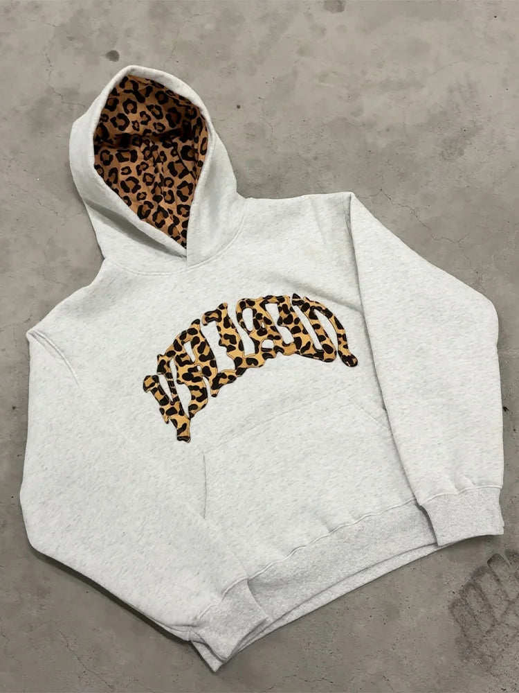 Y2K Leopard Embroidered Hoodie & Sweatpants Set – Trendy Casual Sport Unisex