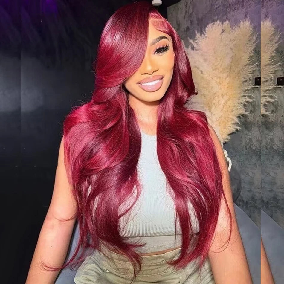 99J Red Burgundy Straight Lace Front Wig | 200% Density 13x4 13x6 HD Transparent Colored Human Hair Pre-Plucked
