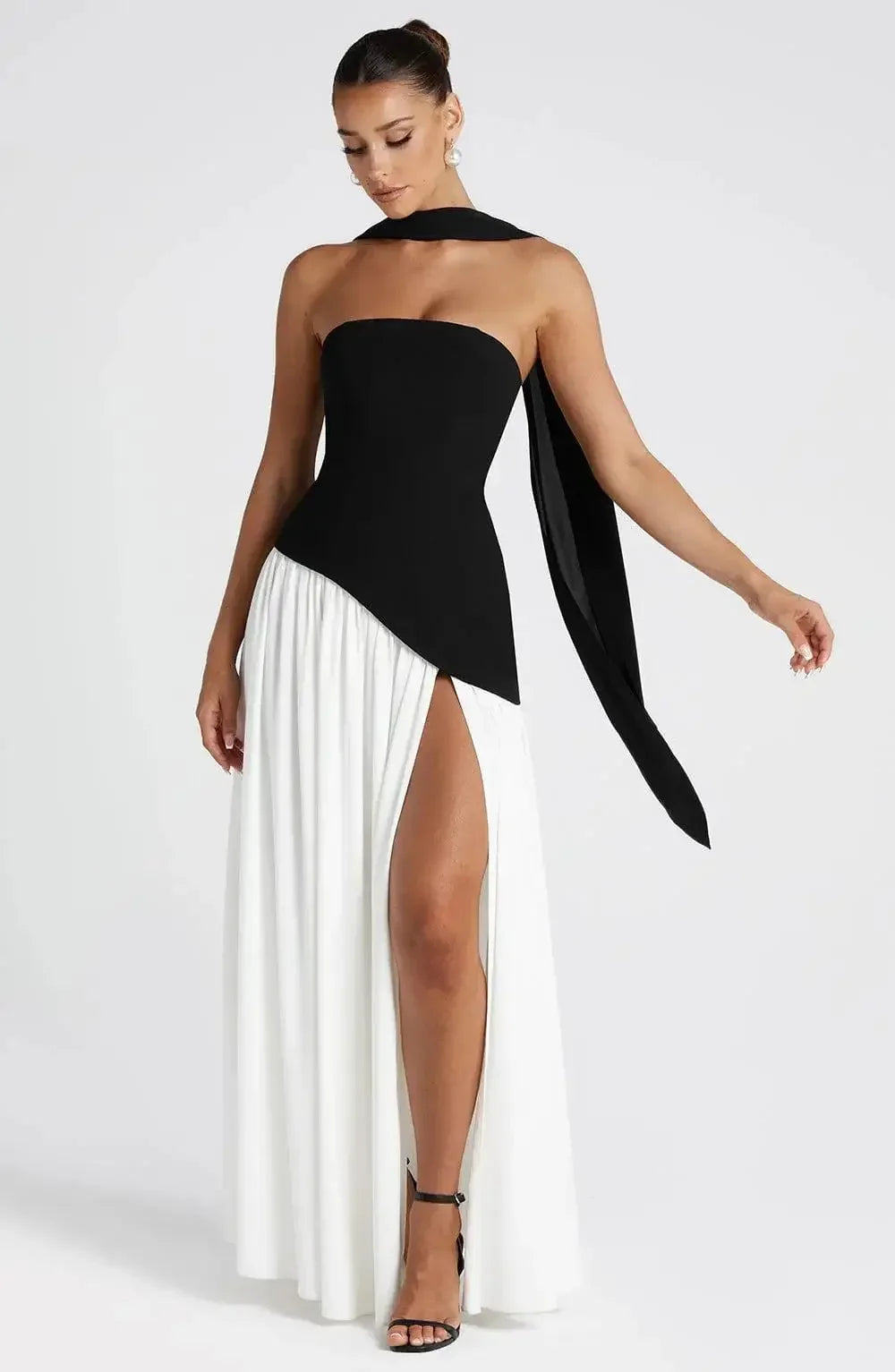 Pleated Off-Shoulder Maxi Dress — High Slit Scarf Slim Fit Evening Party Dress