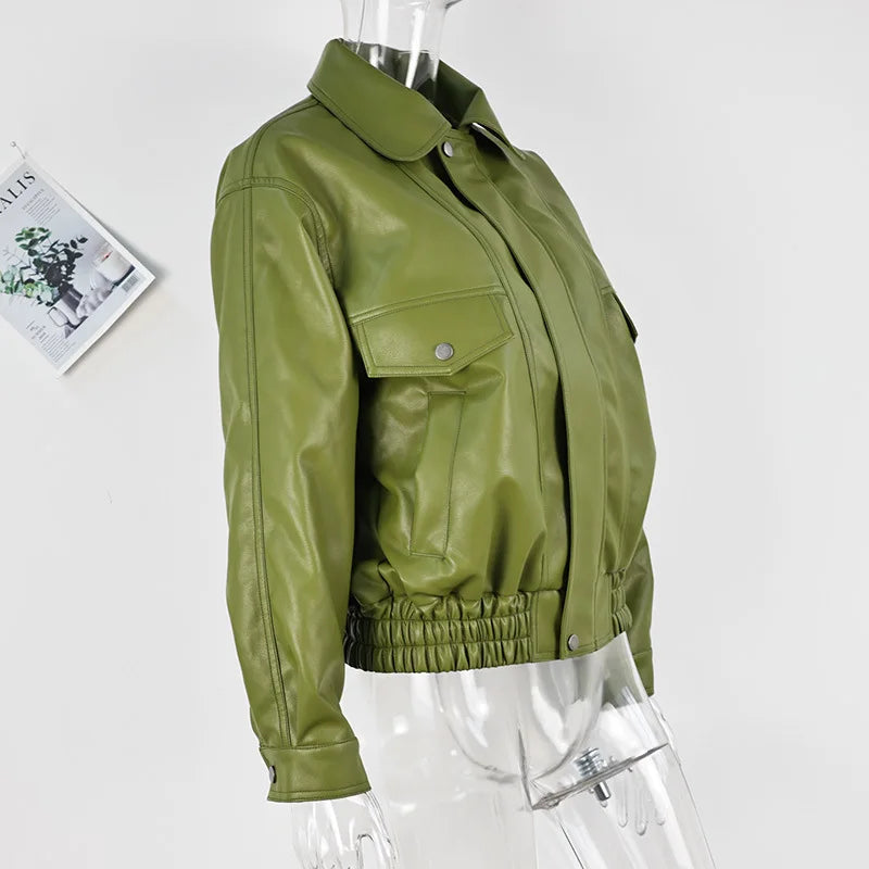 Women's Green Faux Leather Jacket – Loose Fit Lapel