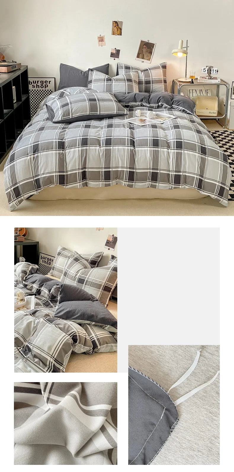 Plaid Double-Sided Quilt Cover – Skin-Friendly Duvet Cover, Single to King (No Pillowcase)