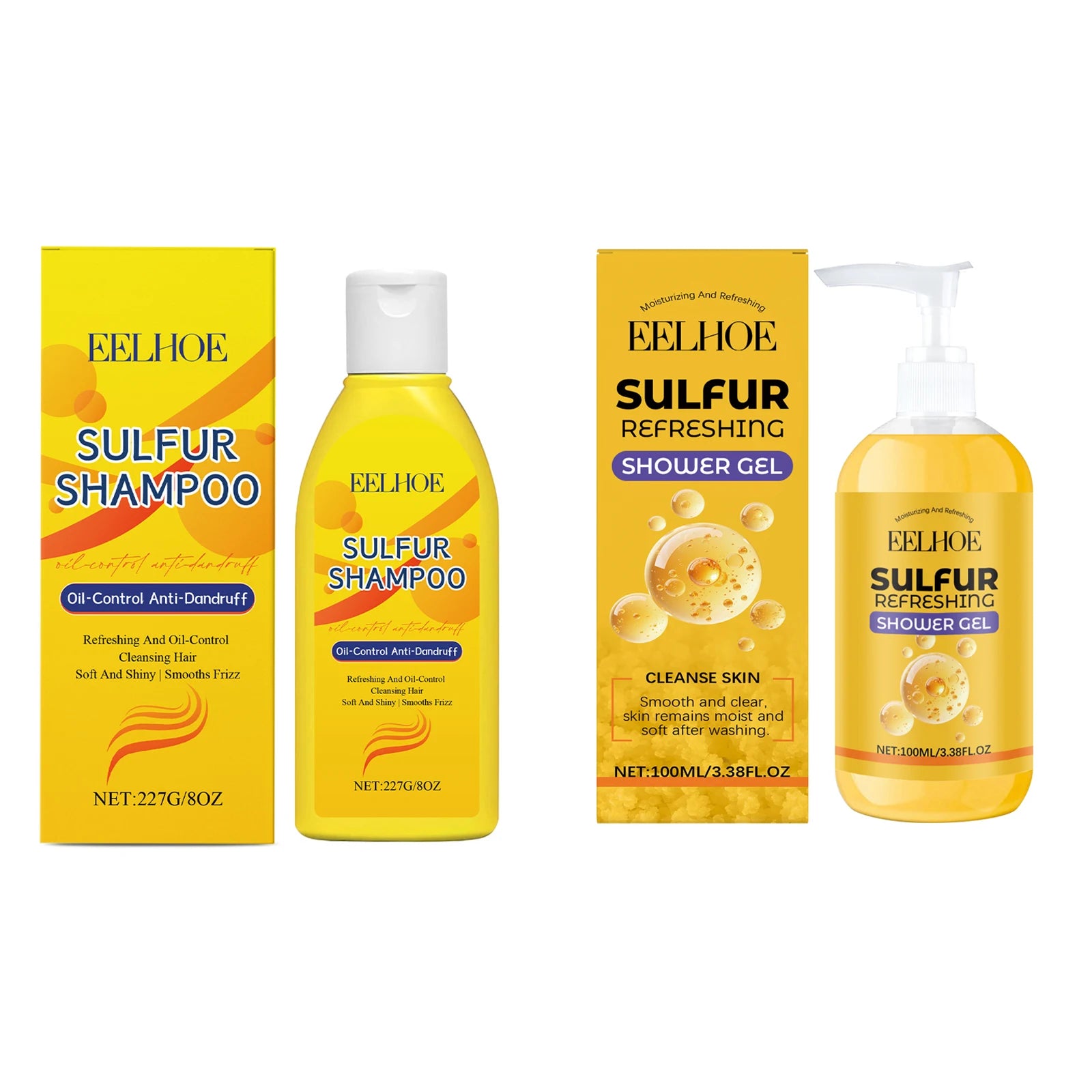 EELHOE Sulfur Shampoo & Shower Gel Set – Dandruff Removal, Oil Control & Deep Cleansing, 100ml + 227g