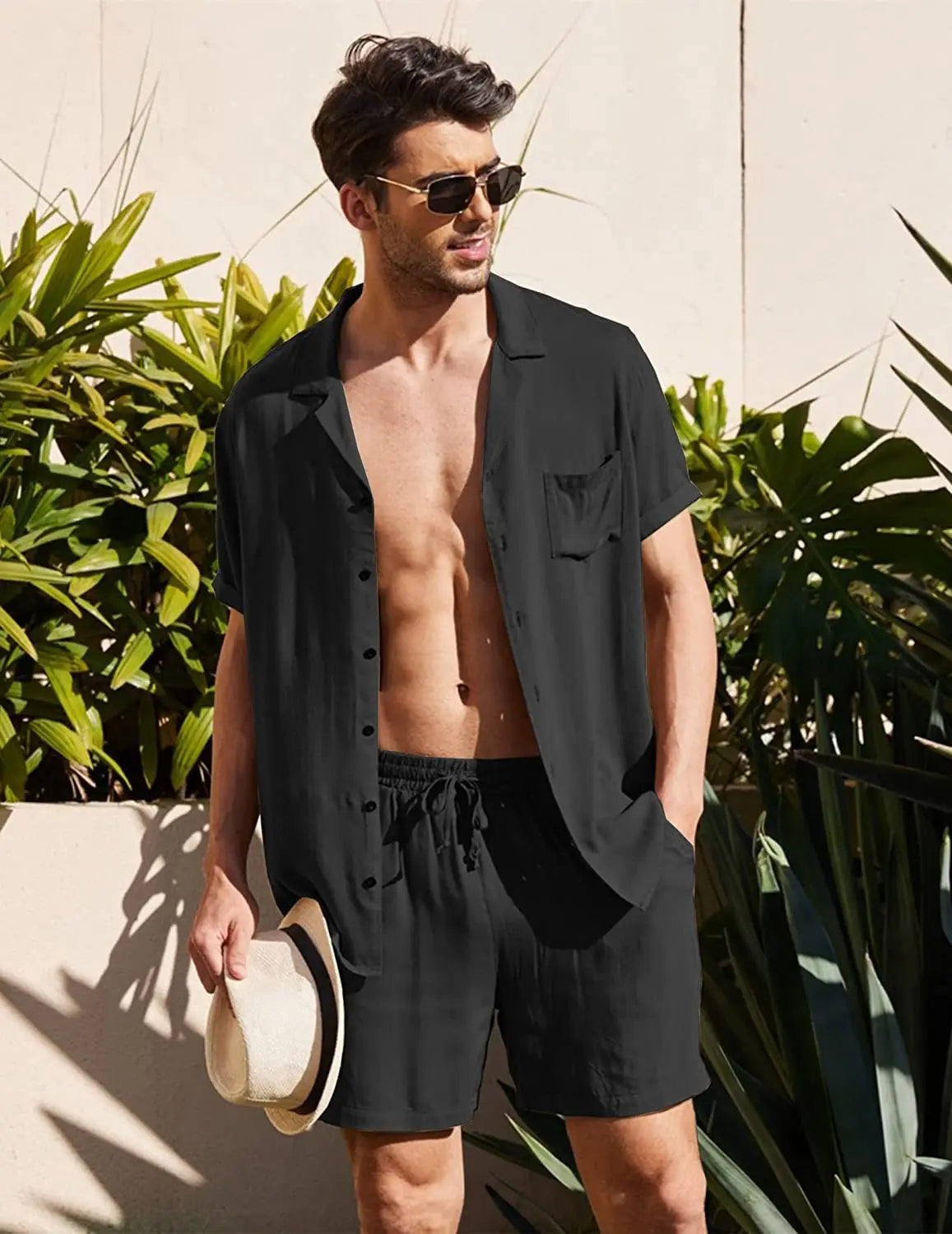 Men's Cotton Linen Short Sleeve Shirt & Shorts Set – Breathable Casual Beach Pajama 2-Piece