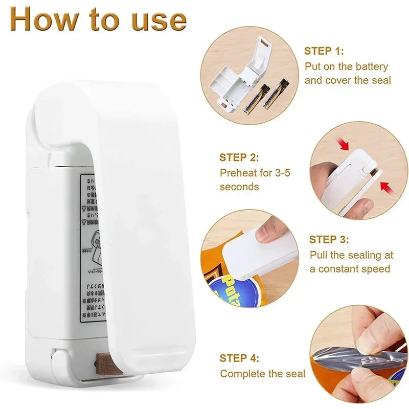 Keep Food Fresh Longer — Mini Portable Heat Bag Sealing Machine | Airtight Seal, Thermal Plastic Food Bag Closure, Battery Powered
