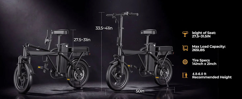 14'' Foldable Electric Bike 500W Motor 48V Battery 22MPH Max Speed 30Miles Long Range with Two Seats for Adult Mini E Bike