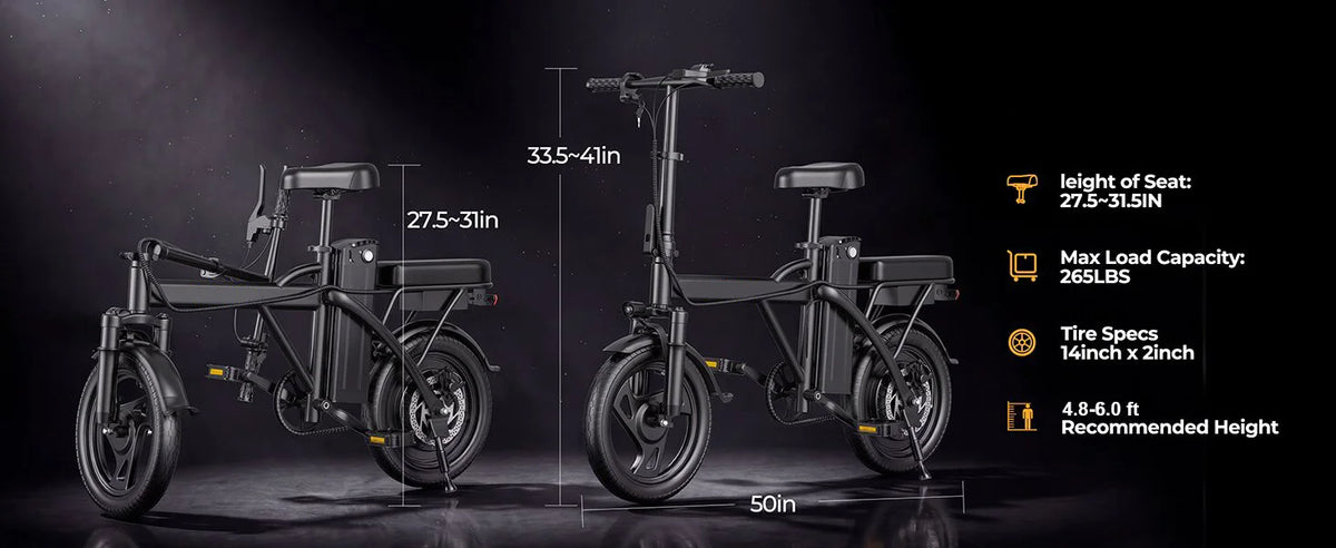14'' Foldable Electric Bike 500W Motor 48V Battery 22MPH Max Speed 30Miles Long Range with Two Seats for Adult Mini E Bike