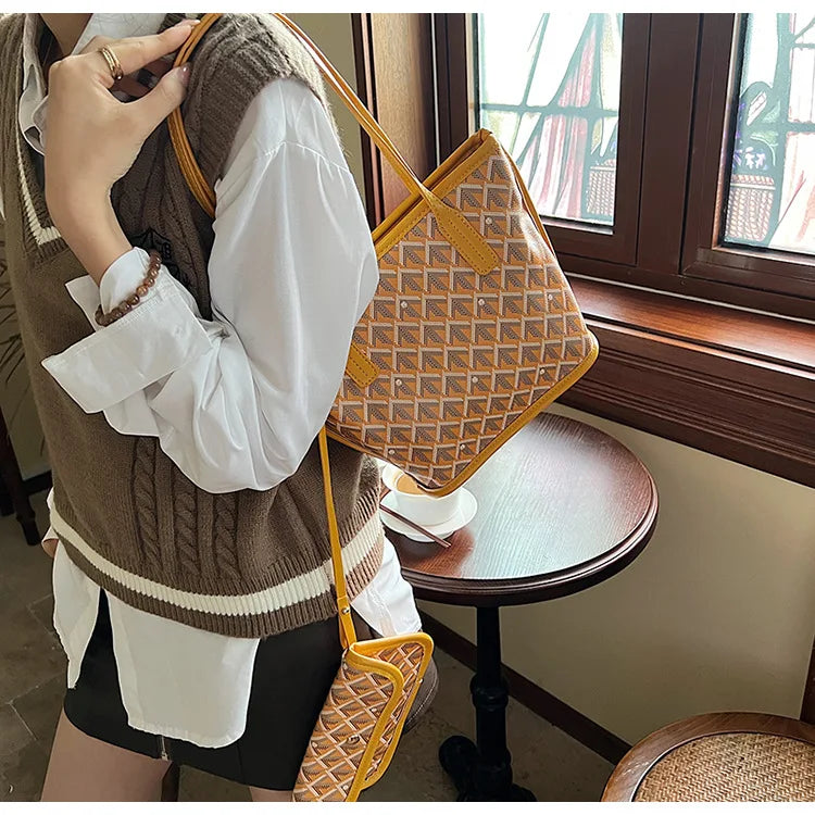 Embroidered Geometric PU Tote Shoulder Bag – Versatile Large Capacity Shopping Class Bag for Women