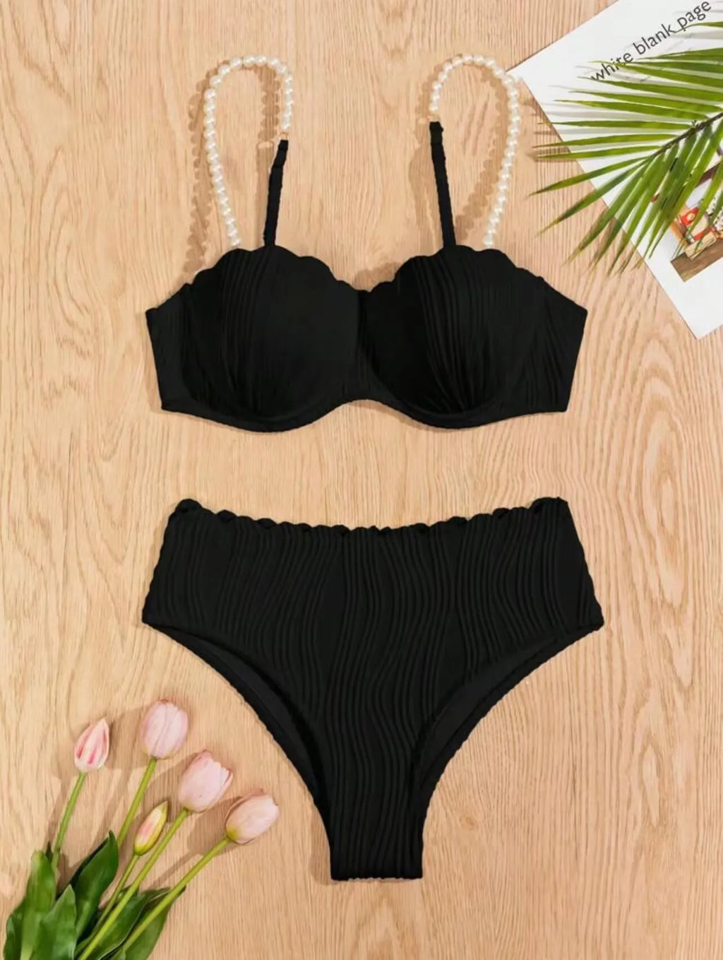 Sexy White & Black Bikini Set | Pearl Strap, Ruffles, Push-Up High Waist, 3-Piece Swimsuit 2025