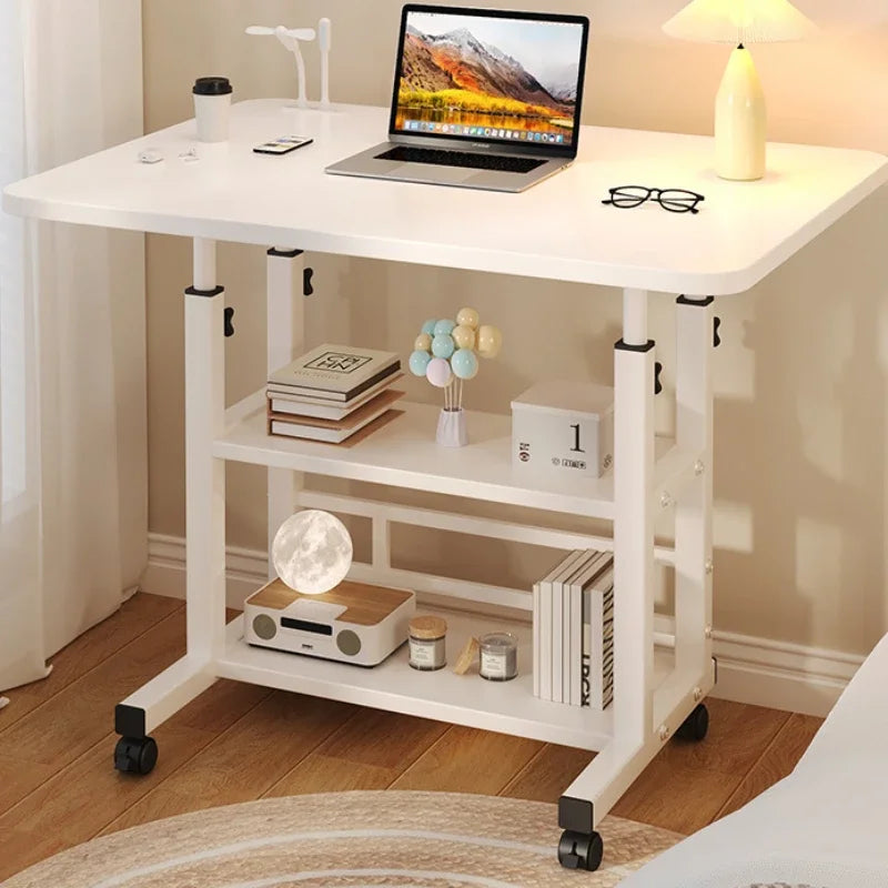 Mobile Adjustable Height Desk with Storage Shelf — Rolling Bedside Desk, Optional USB Fan & Light, 60–90cm