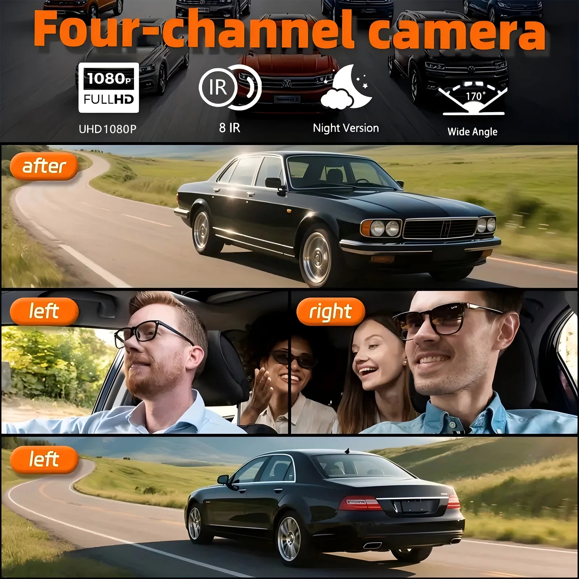 4-Channel WiFi Dashcam – FHD 1080P, Night Vision, Loop Recording, Parking Monitor | Front + Rear + Side