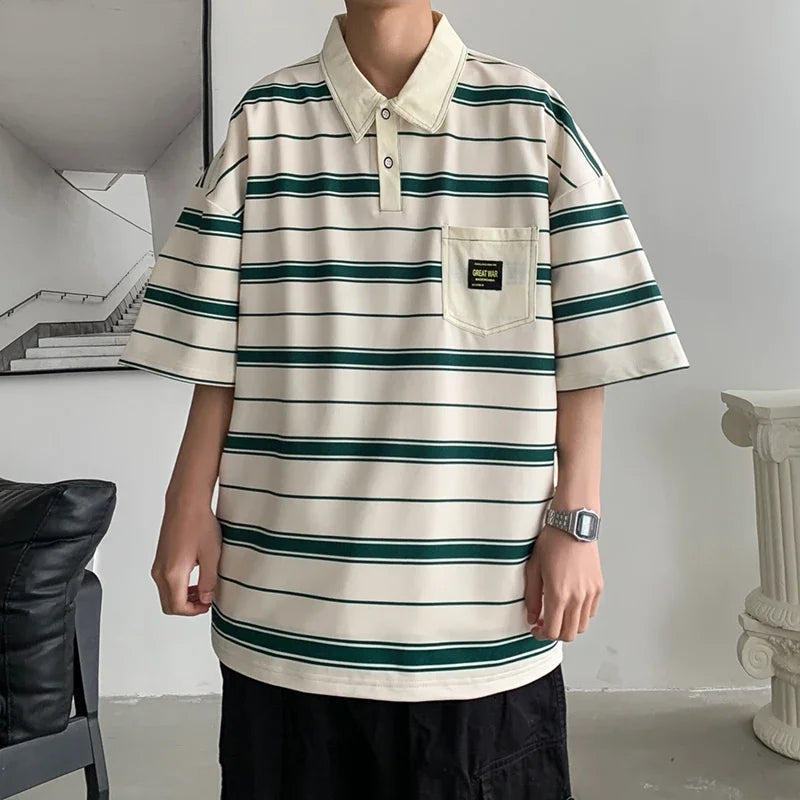 Men's Striped Polo Shirt — Loose Fit Short Sleeve Casual Summer Top