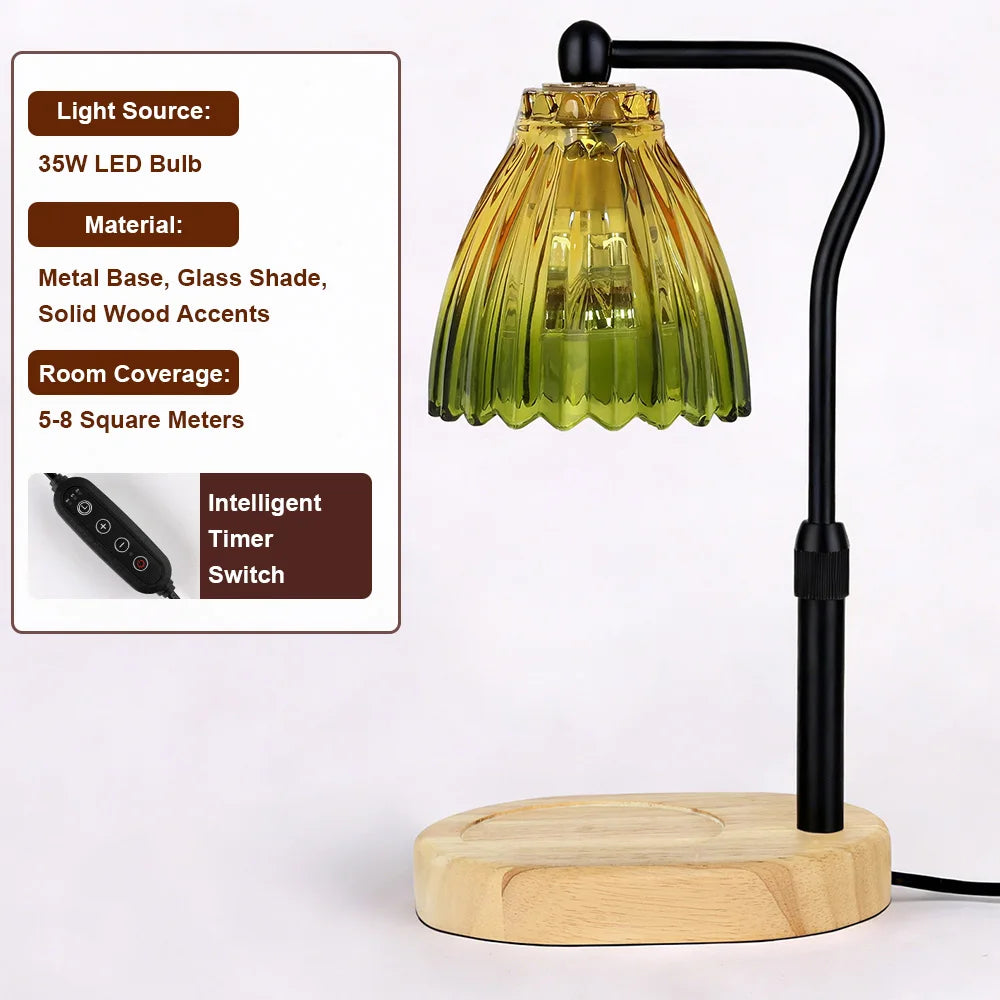 Retro Candle Warmer Lamp with Wood Base and Glass Shade