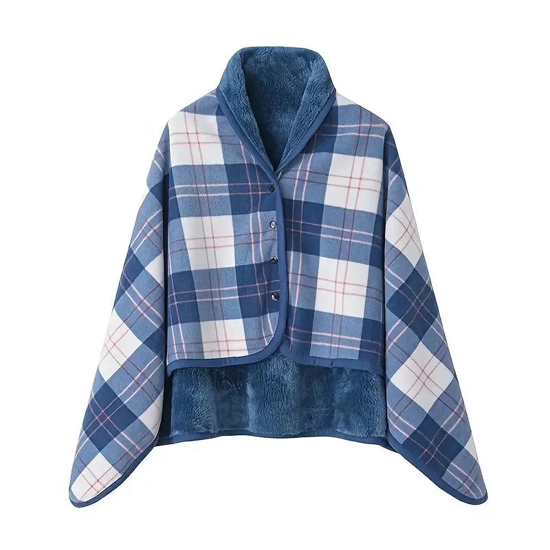 Wearable Plaid Fleece Blanket with Button – Thick Warm Throw for Sofa, Bed, Travel & Office