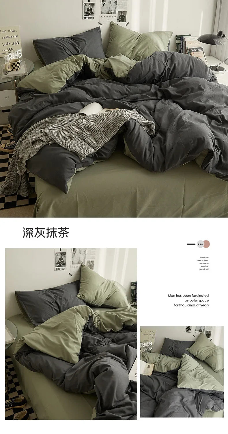 Solid Color Washed Cotton Bedding Set – 4-Piece Duvet Cover, Bed Sheet & Pillowcases, Twin to King