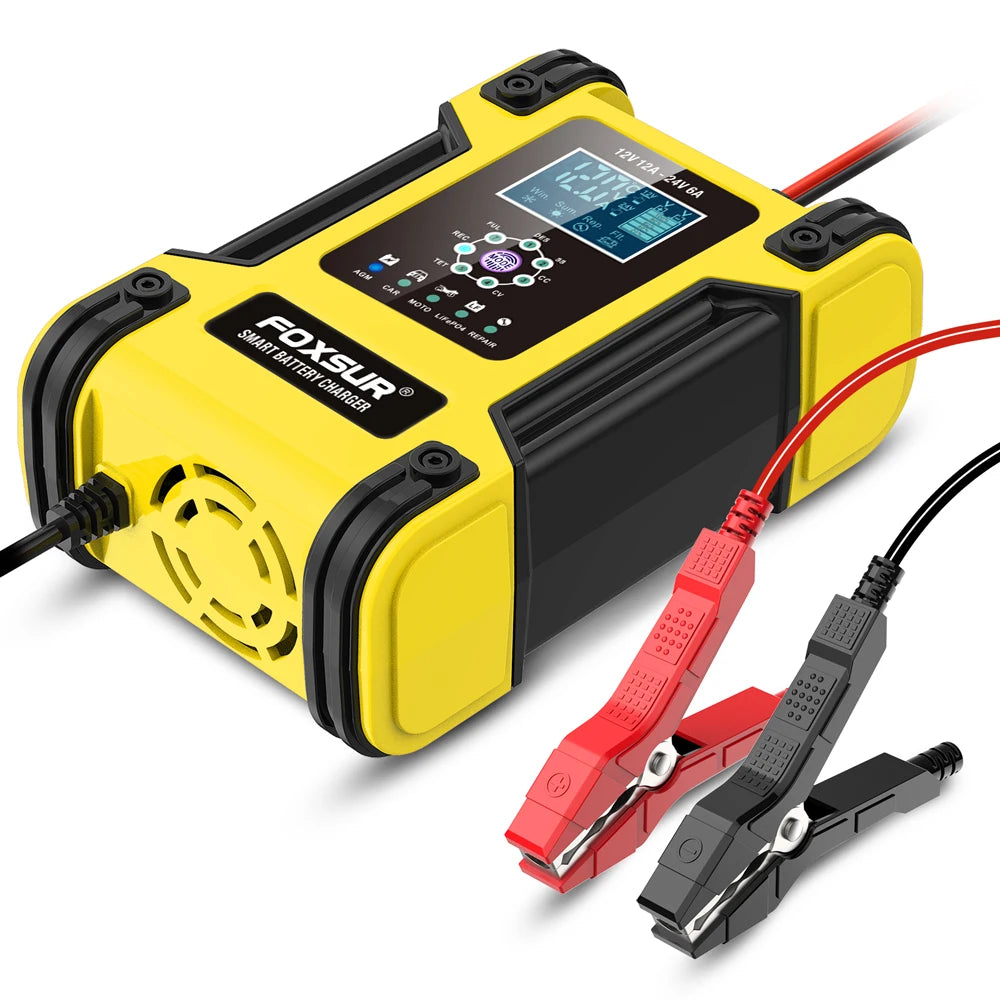 Foxsur Automatic Car Battery Charger 12V 12A – Digital Display Pulse Repair for Wet Dry Lead Acid Batteries