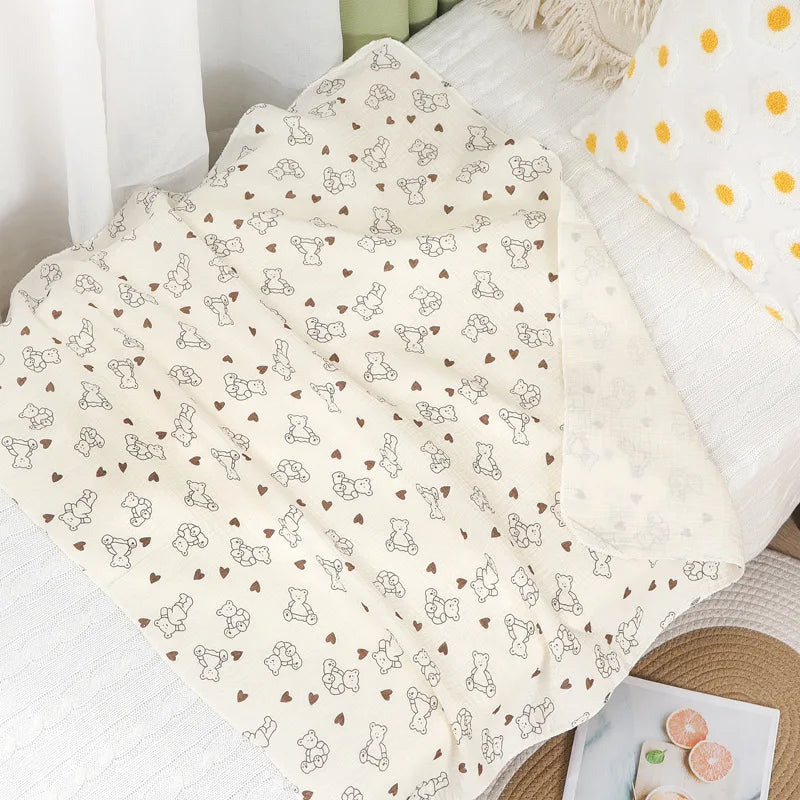 Cartoon Print Cotton Muslin Baby Swaddle Blanket – Soft Breathable Newborn Receiving Blanket