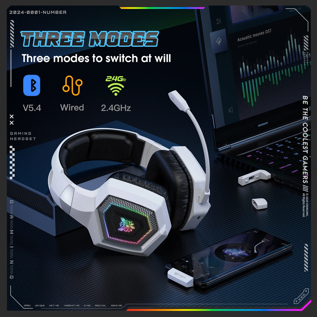 ONIKUMA GT806 Wireless Gaming Headset — 2.4GHz & Bluetooth 5.3, HiFi Sound, RGB, Noise-Canceling Mic for PC & Laptop