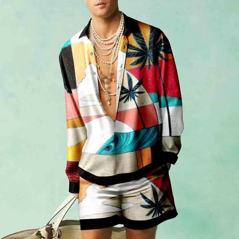 Men's Hawaiian Print Shirt & Drawstring Shorts Beach Vacation Set