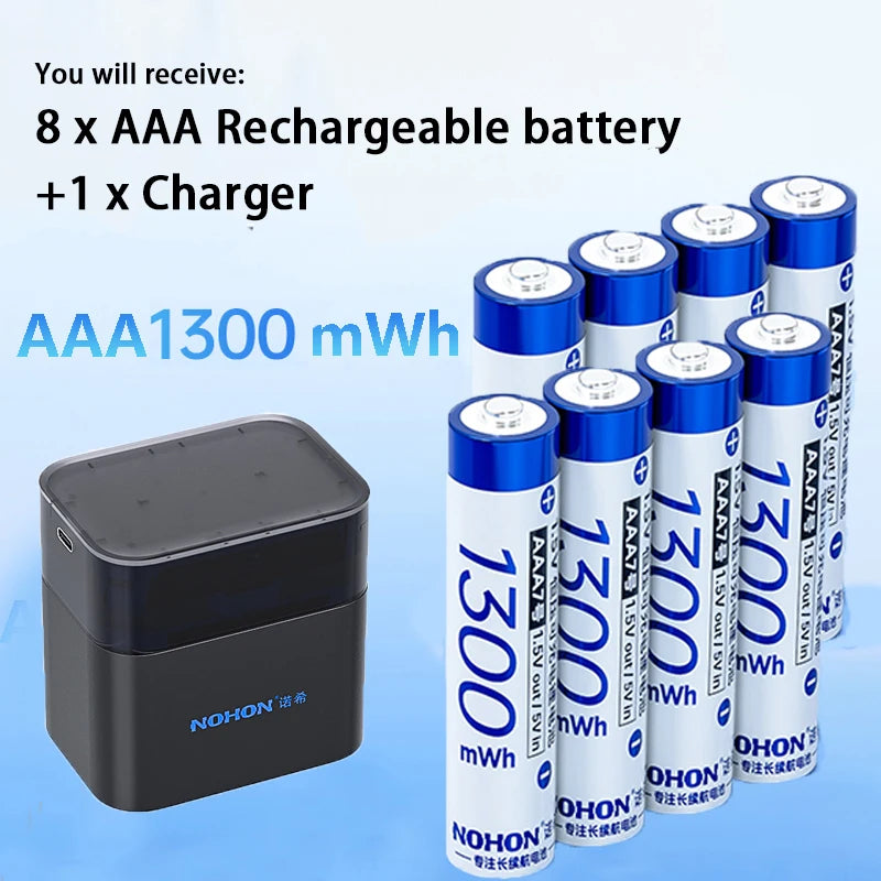 NOHON 1.5V Li-ion Rechargeable AA/AAA Batteries – 3600mWh High Capacity Long Lasting with Battery Charger