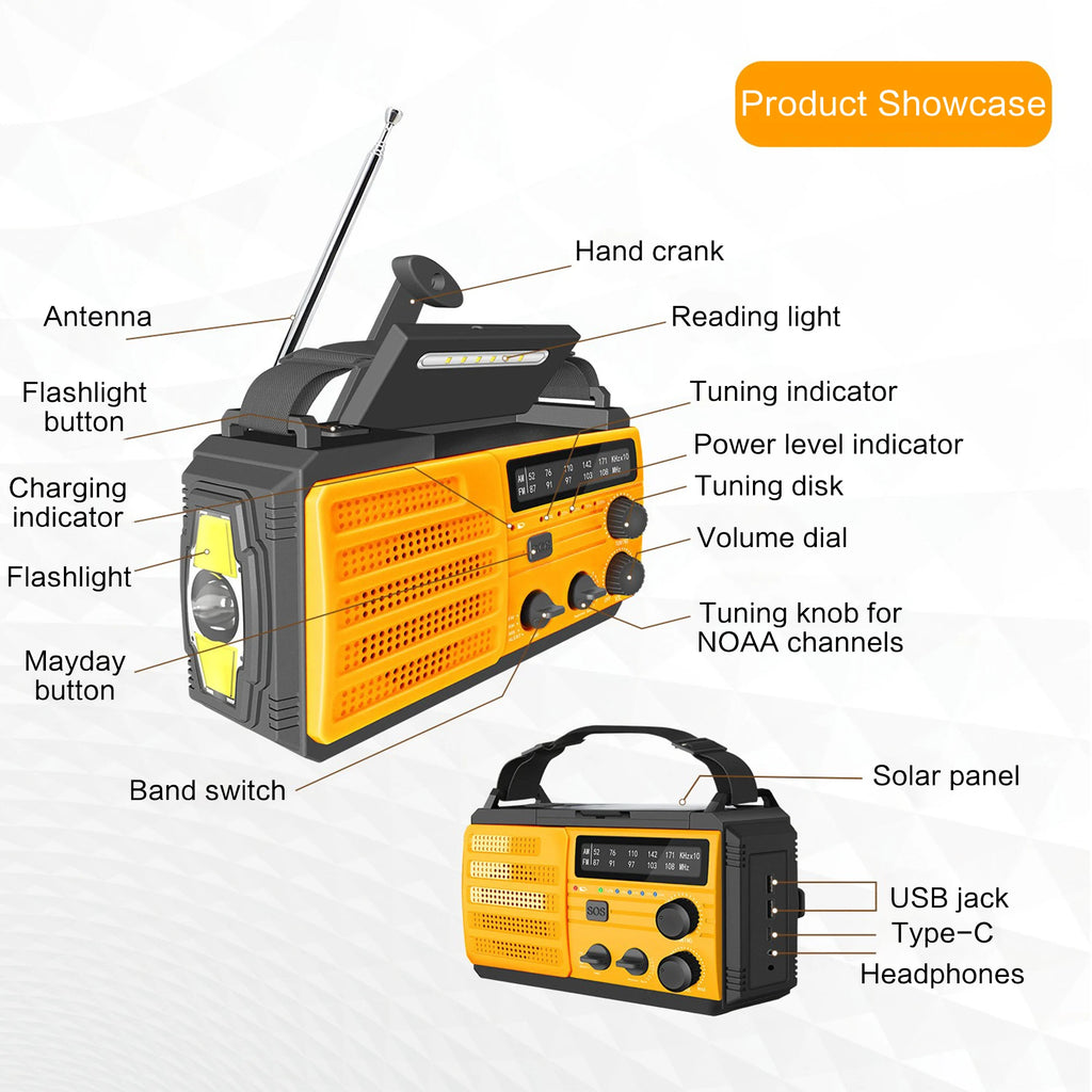 Emergency Weather Radio — FM/AM/WB, Hand Crank Solar, 2000mAh Power Bank & LED Flashlight