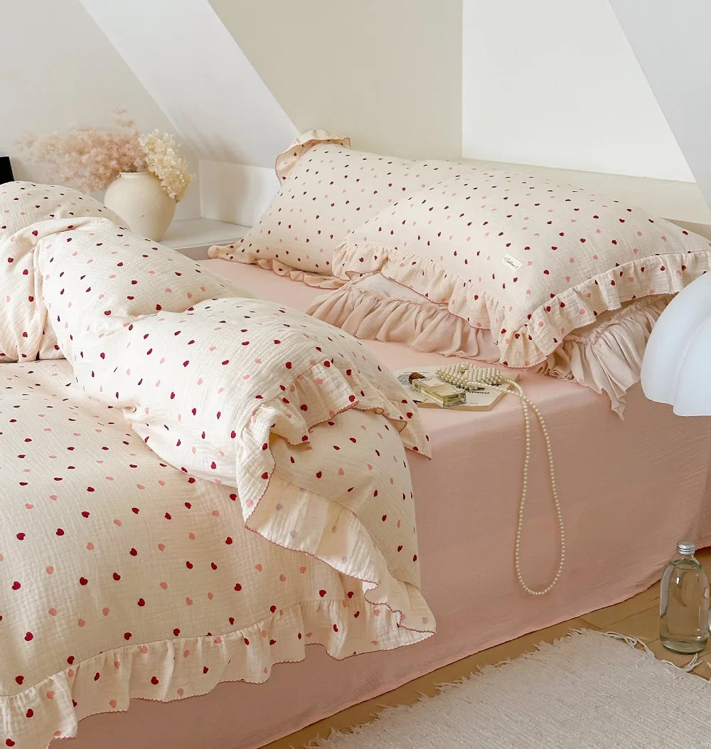 Princess Ruffle Bedding Set – 100% Cotton Gauze Duvet Cover with Pillowcases, Floral, 3-Piece