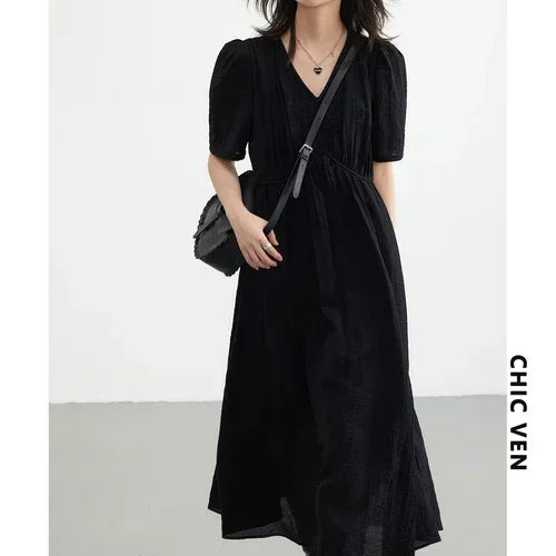 French Vintage V-Neck Puff Sleeve Maxi Dress — Loose Solid Black Summer Dress