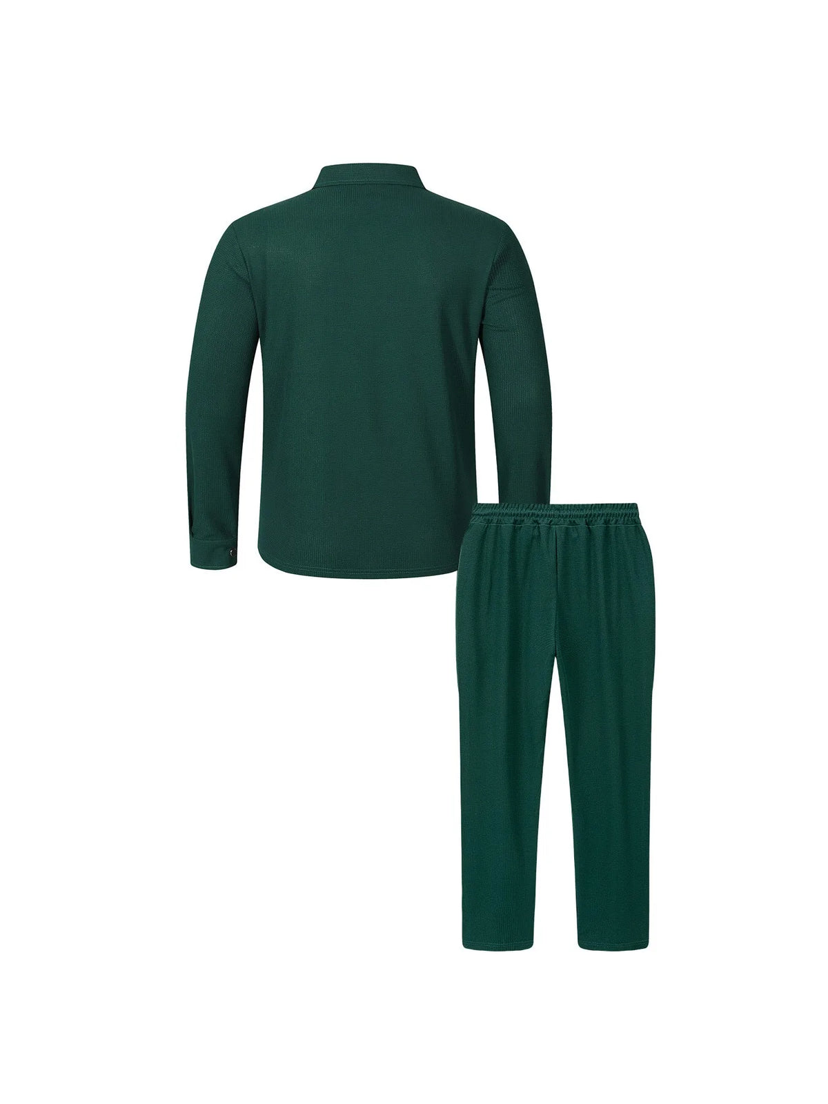 Men's Waffle Knit Button-Down Long Sleeve Jacket & Pants Set – Plain Color Casual Suit