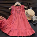 Korean Sleeveless Pleated Girls Dress — Solid Color Round Neck Summer Kids Dress