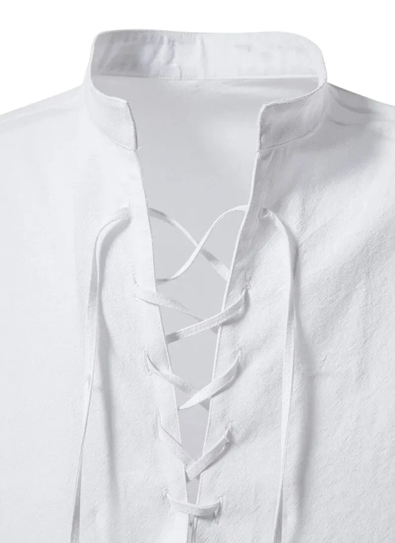 Men's Cotton Linen Drawstring Long Sleeve Shirt — Vintage Casual US Size Top