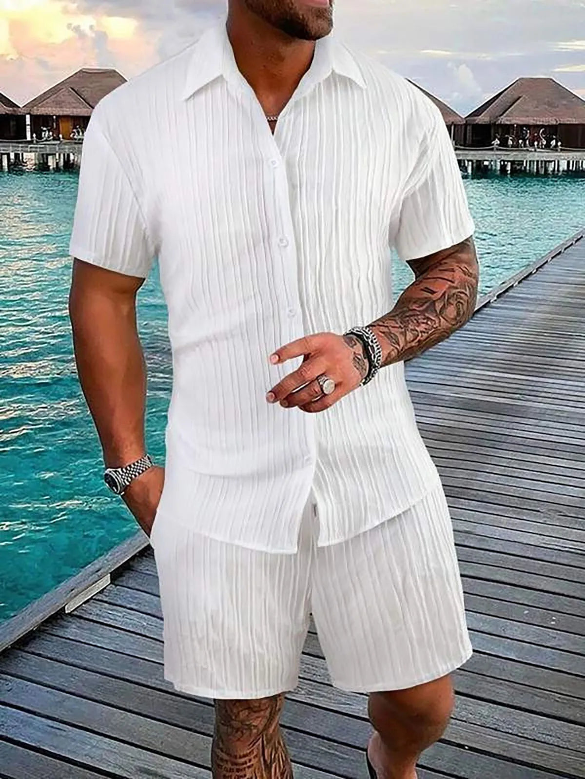Men's Striped Polo Cardigan & Drawstring Shorts Sports Suit – Solid Color 2-Piece
