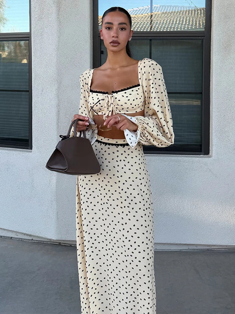 Polka Dot Puff Sleeve Crop Top & Maxi Skirt Set — Square Neck Tie-Front Vacation Outfit