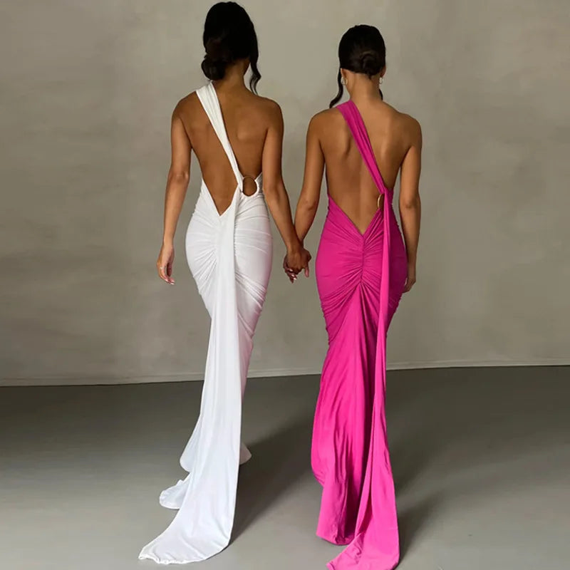 Backless Ruched Slim Bodycon Maxi Dress — Elegant Formal Wedding Guest Evening Dress