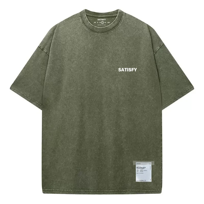 SATISFY Running MothTech Distressed Graphic T-Shirt — Loose Fit Cotton Short Sleeve Tee