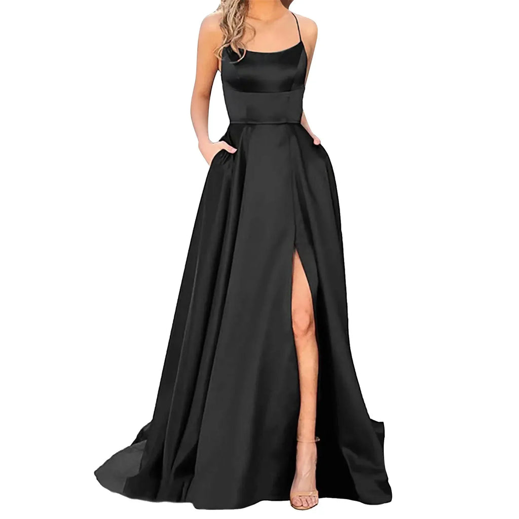 Backless Floor-Length Evening Dress — Spaghetti Strap A-Line Prom Gown with Pockets & Corset Back