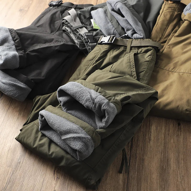 Men's Fleece-Lined Waterproof Hiking Pants — Loose Windproof Outdoor Workwear