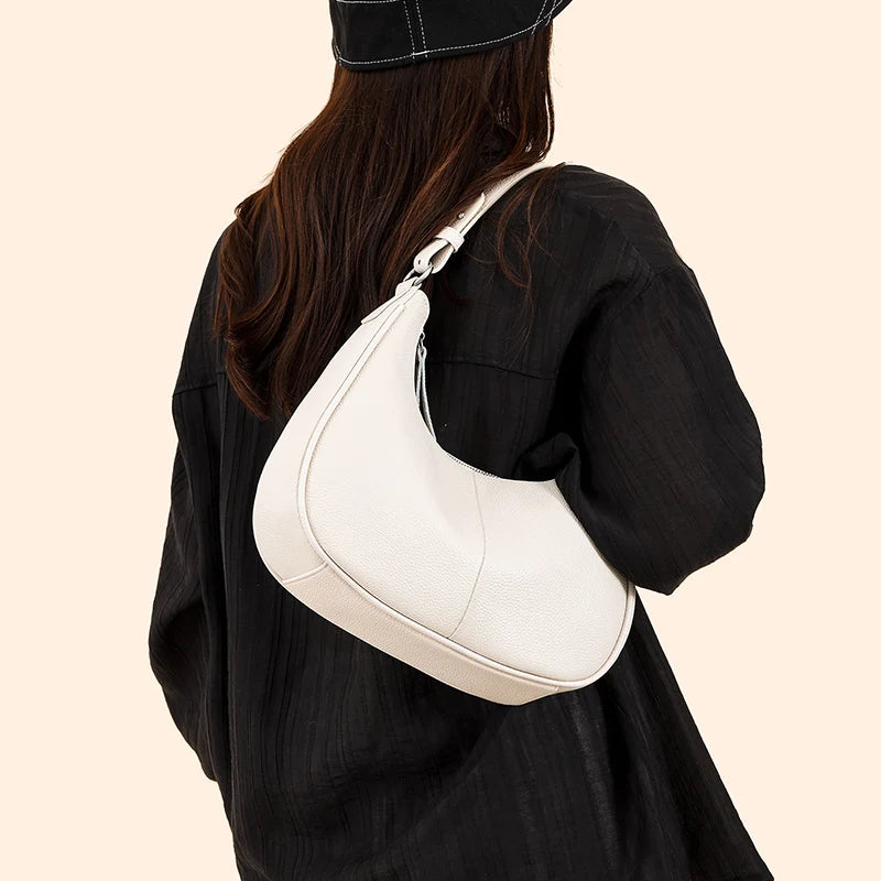 100% Genuine Cowhide Leather Half-Moon Underarm Tote Bag – Crossbody Shoulder Bag for Women