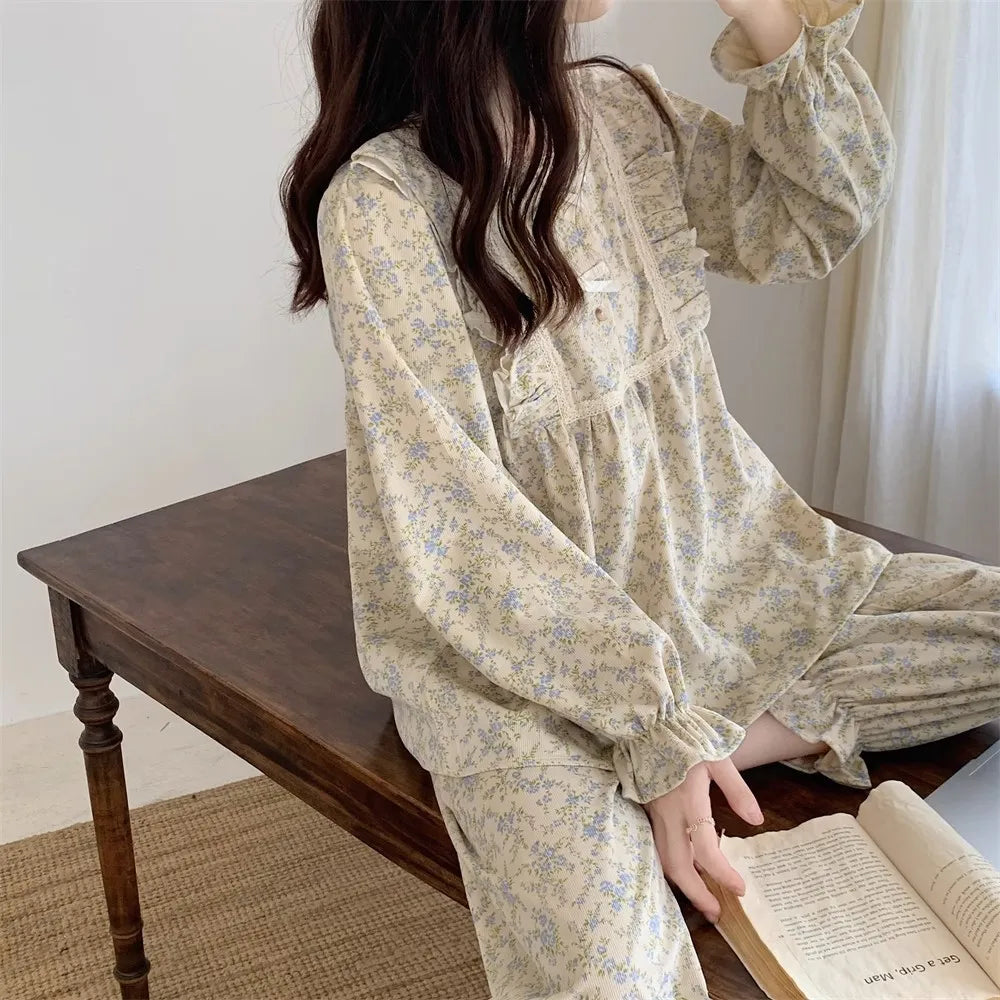 Women's Plus Size Garden Style Pajama Set | Korean Bow Homewear Long Sleeve