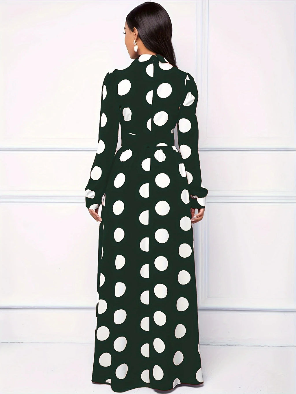 Bow Knot Polka Dot Maxi Dress — Long Sleeve Elegant Casual Lady Dress