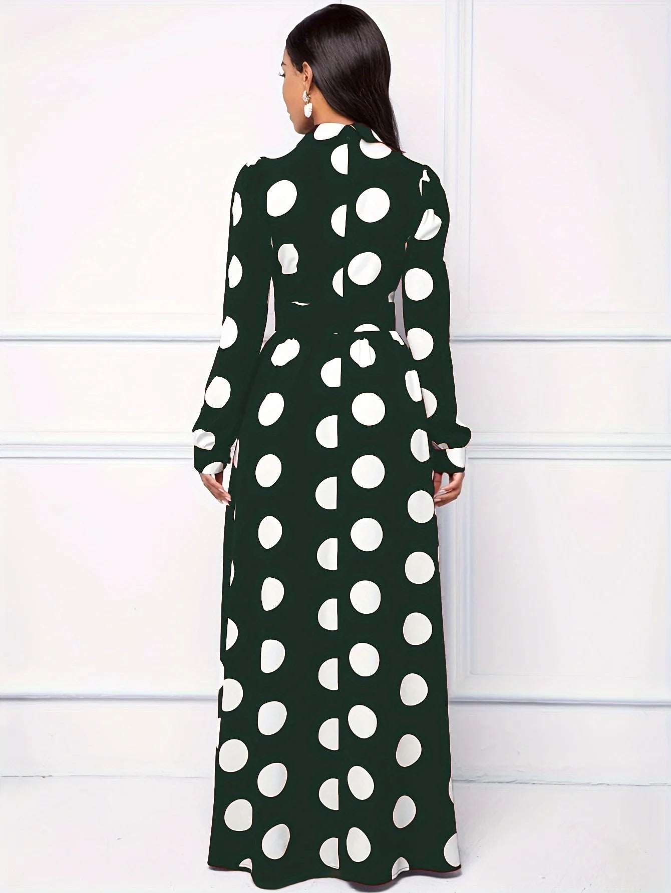 Bow Knot Polka Dot Maxi Dress — Long Sleeve Elegant Casual Lady Dress