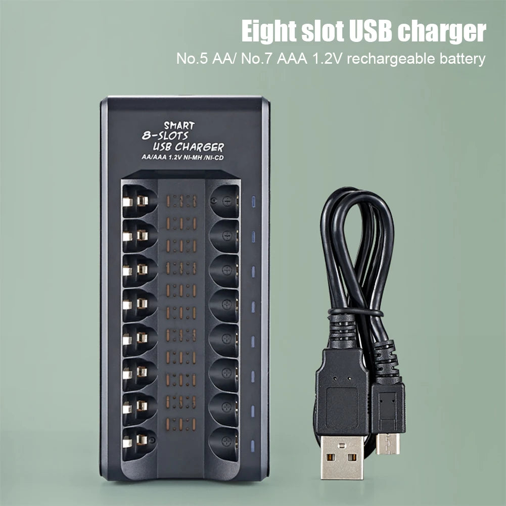 8-Slot USB NiMH AA/AAA Battery Charger – Fast Charging with Short Circuit Protection & USB Output