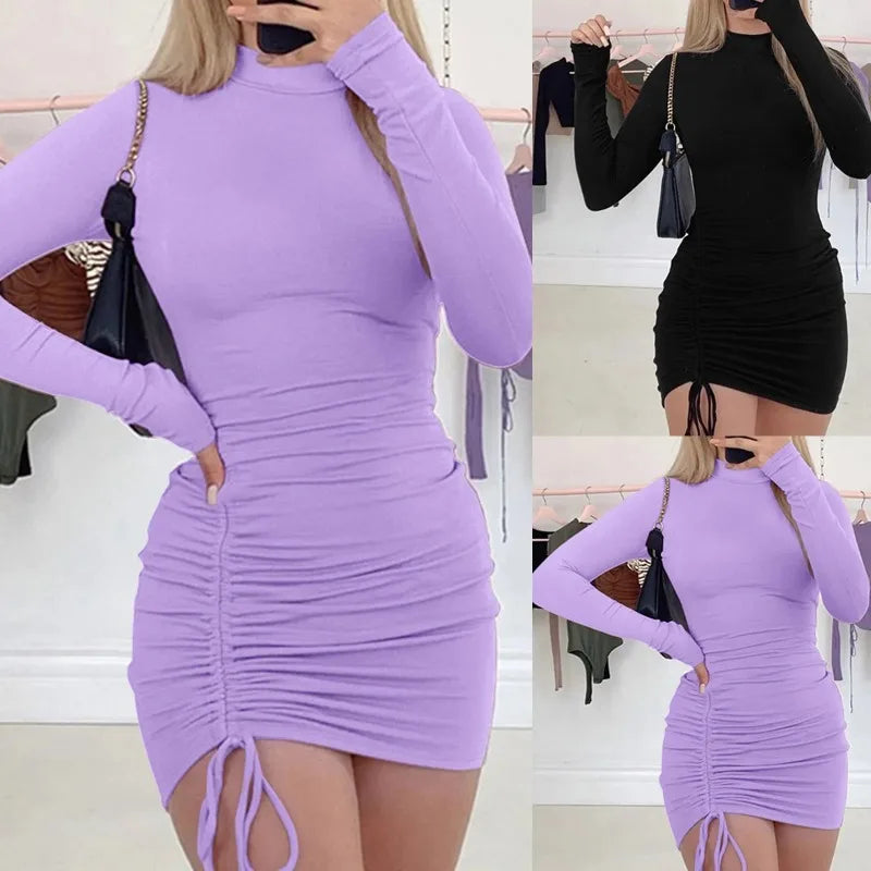 Long Sleeve O-Neck Drawstring Tight-Fitting Dress — Solid Slim Elegant Party Dress