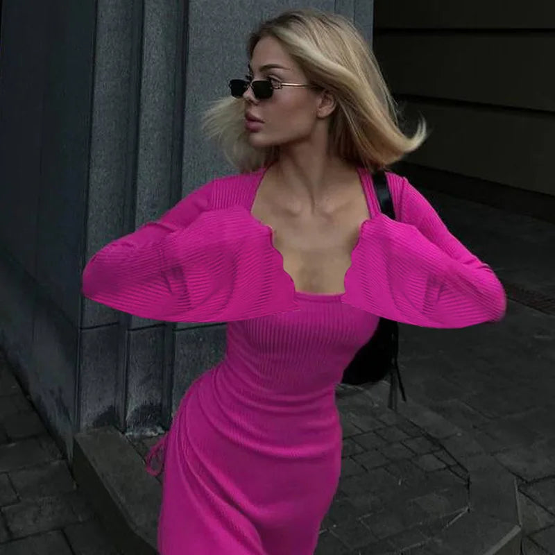 Long Flare Sleeve Maxi Dress — Slim Lace-Up Floor-Length Casual Office Dress