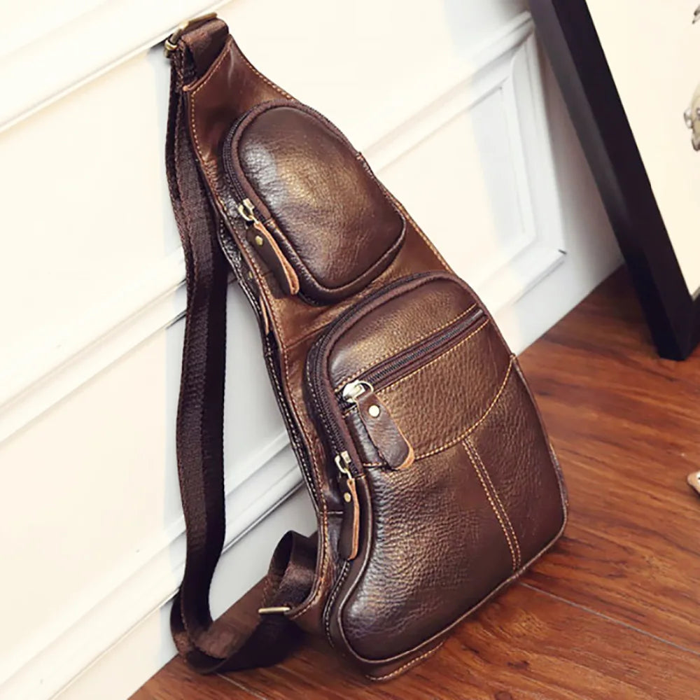 HAOSHUAI Men’s Genuine Leather Crossbody Sling Bag – Vintage Half-Moon, Zipper, Travel & Casual, Black & Coffee