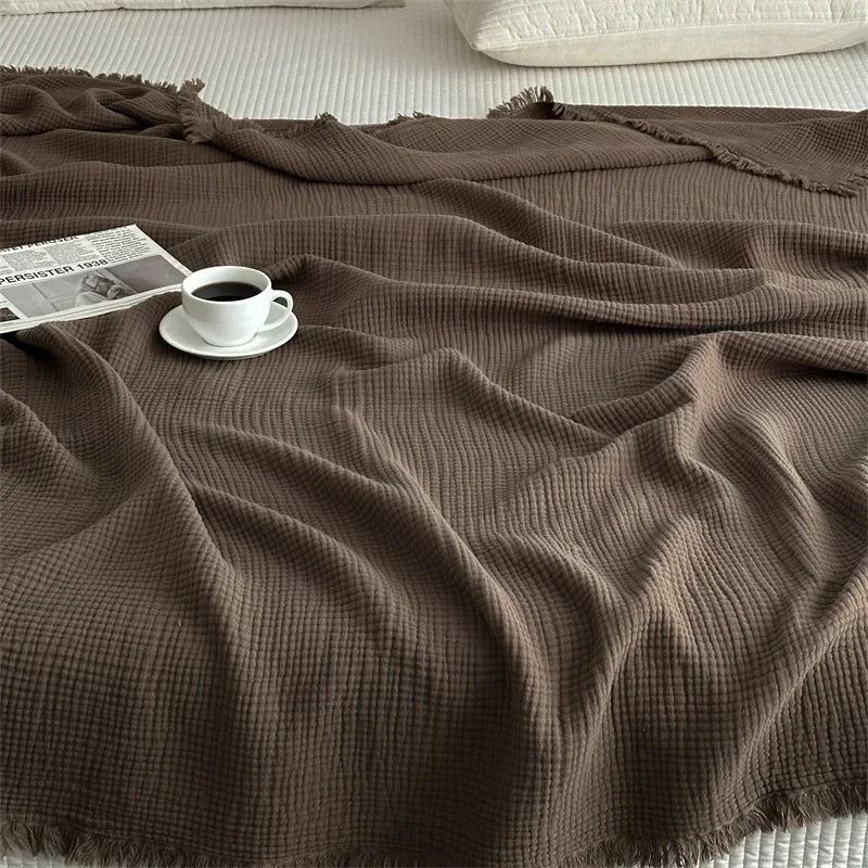 100% Cotton Tassel Blanket – Skin-Friendly Plaid Sofa Throw & Bed Shawl, Solid Color