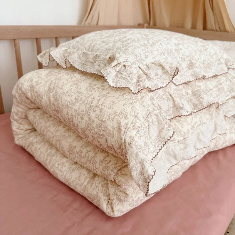 Princess Ruffle Bedding Set – 100% Cotton Gauze Duvet Cover with Pillowcases, Floral, 3-Piece