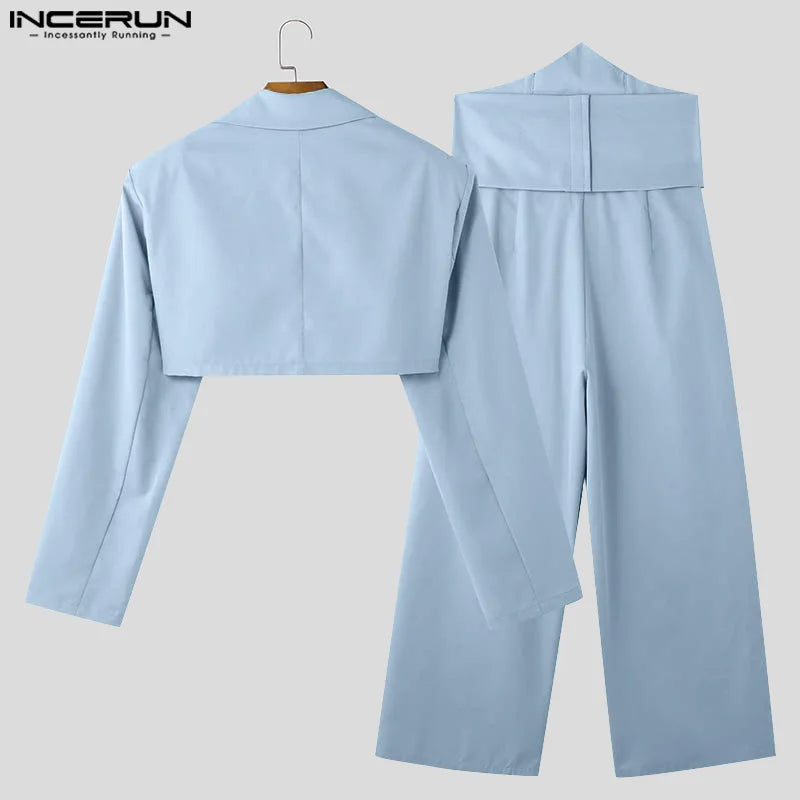 Men's Cropped Waistband Wide Leg Pants & Top Solid 2-Piece Set S–5XL – Handsome Casual Suit
